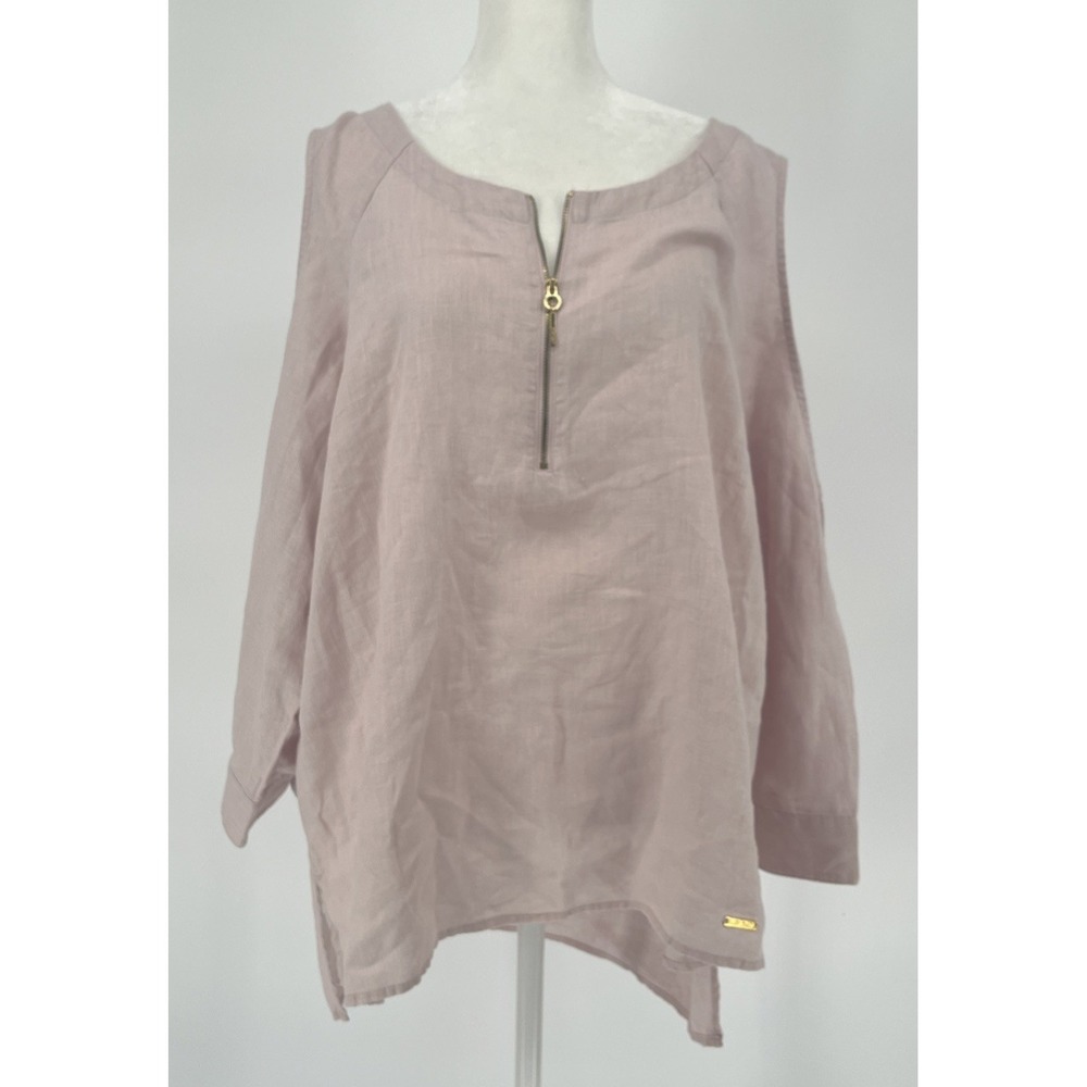 Ellen Tracy Linen Shirt Cold Shoulder 1/4 Zip Lagenlook Dusty Pink Tunic Top‎ XL